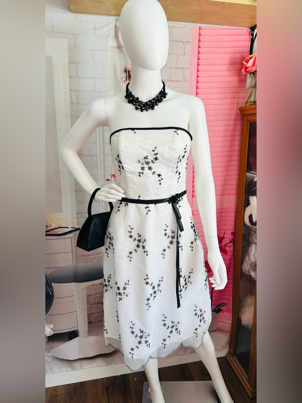 Jessica McClintock White Strapless Dress with Black Floral Embroidery